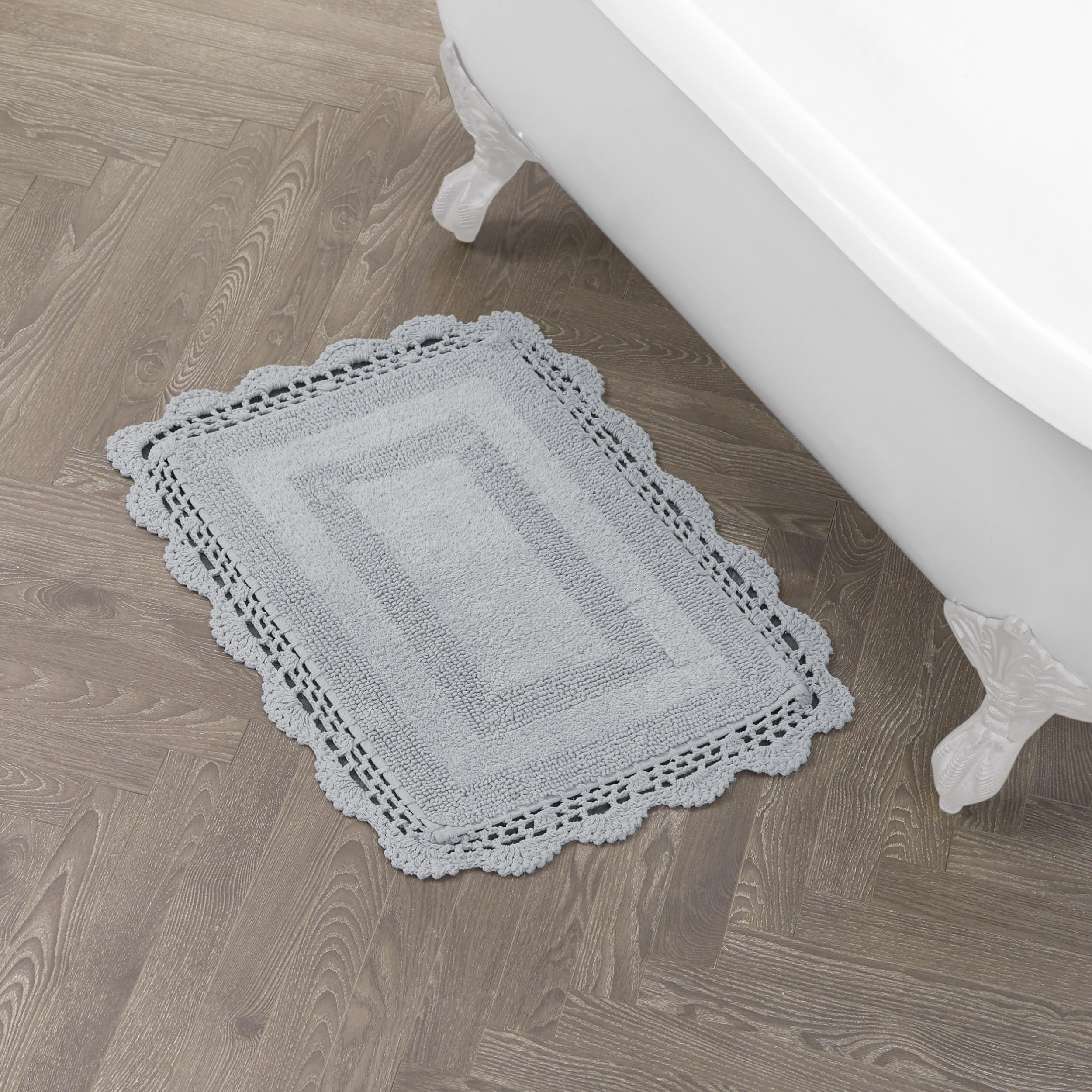 Laura Ashley Crochet Cotton 17x24 in. Bath Rug, Light Grey