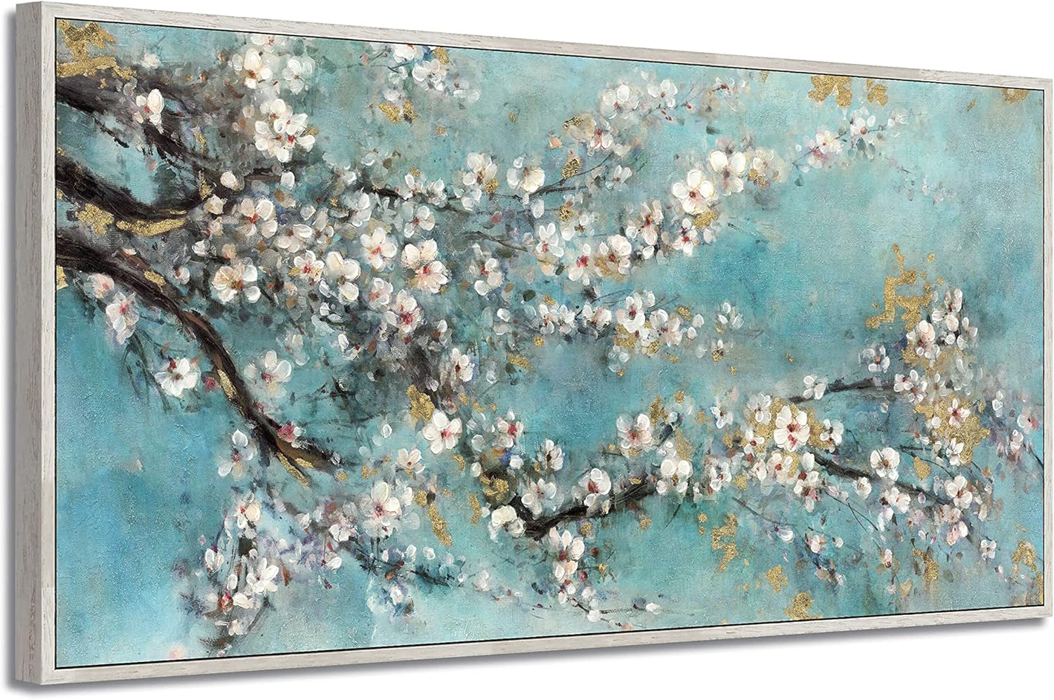 Paintings - Abstract Flower Wall Art Framed: Dogwood Painting Hand Painted Artwork on Canvas with White Wood Grain Frame (48''W x 24''H,Multi-Sized)