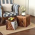 COLLECTIVE HOME - Wood Storage Ottoman, Rustic Storage Stool, 2 Pack Cube Seat Foot Rest Stool, Accent Side Table, Metal Storage Bin for Living Room Furniture, 16"/12" (Wood, barn Door)