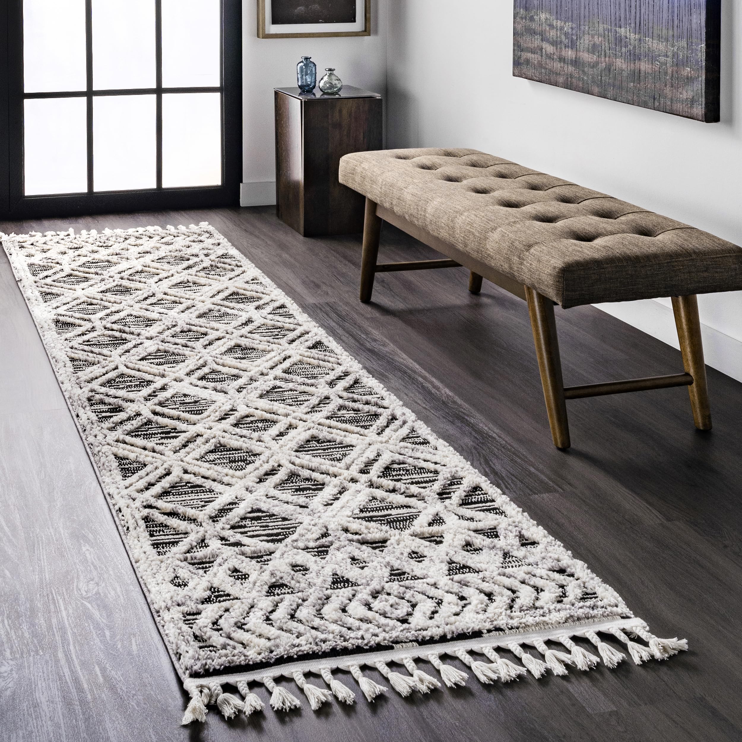 nuLOOM 2'6" x 12' Ansley Moroccan Tassel Area Rug, Grey, High-Low Textured Bohemian Design, Plush High Pile, Stain Resistant, For Bedroom, Living Room, Hallway, Entryway Image