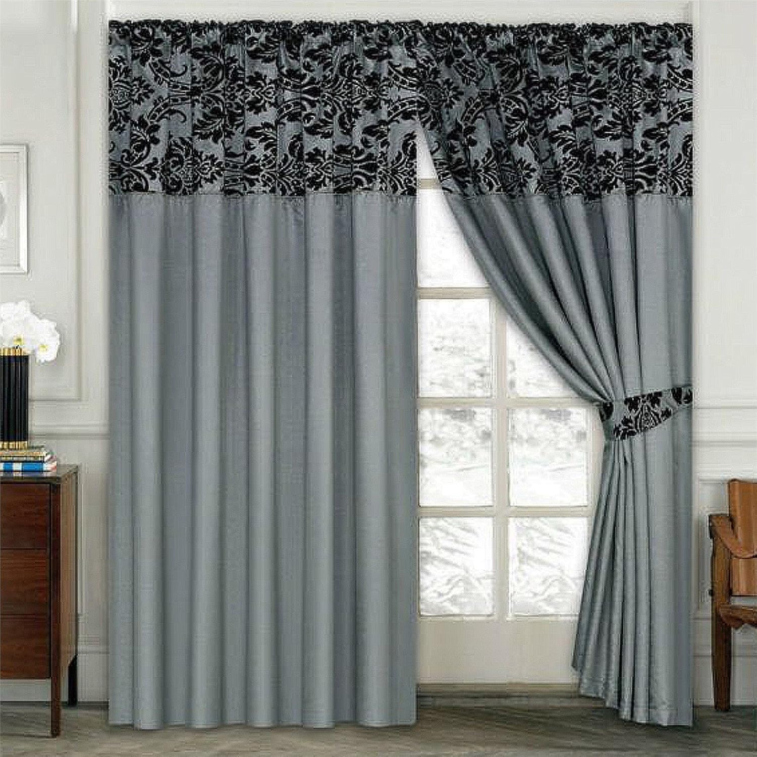 Fusion Damask Curtains Pair Of Half Flock Pencil Pleat Window