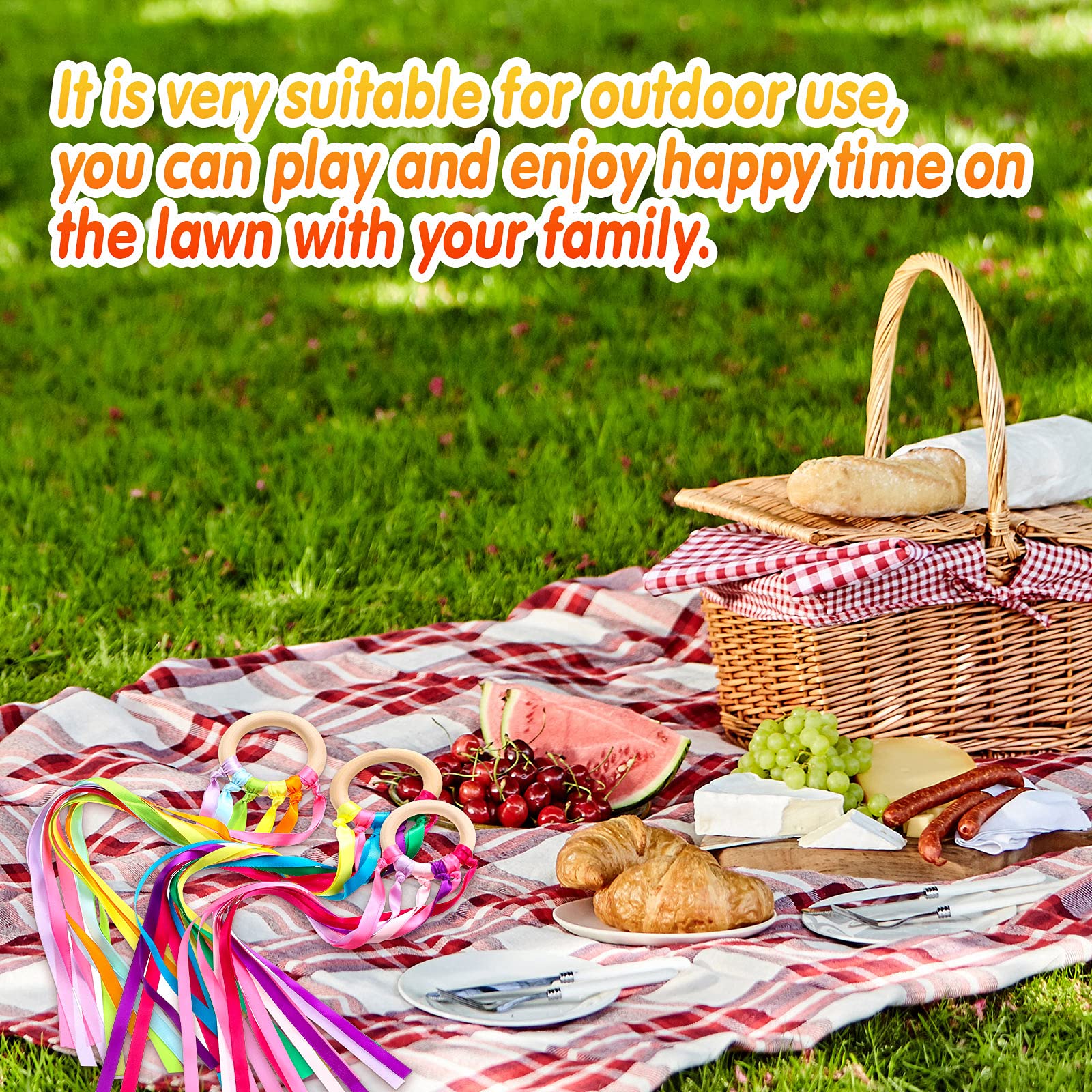 Sumind 6 Pcs Rainbow Ribbon Hand Kites Wands for Kids Dancer Streamer String Toy Thrown Waldorf Wand with Wooden Ring Wand Learning Educational(Bright Colors)