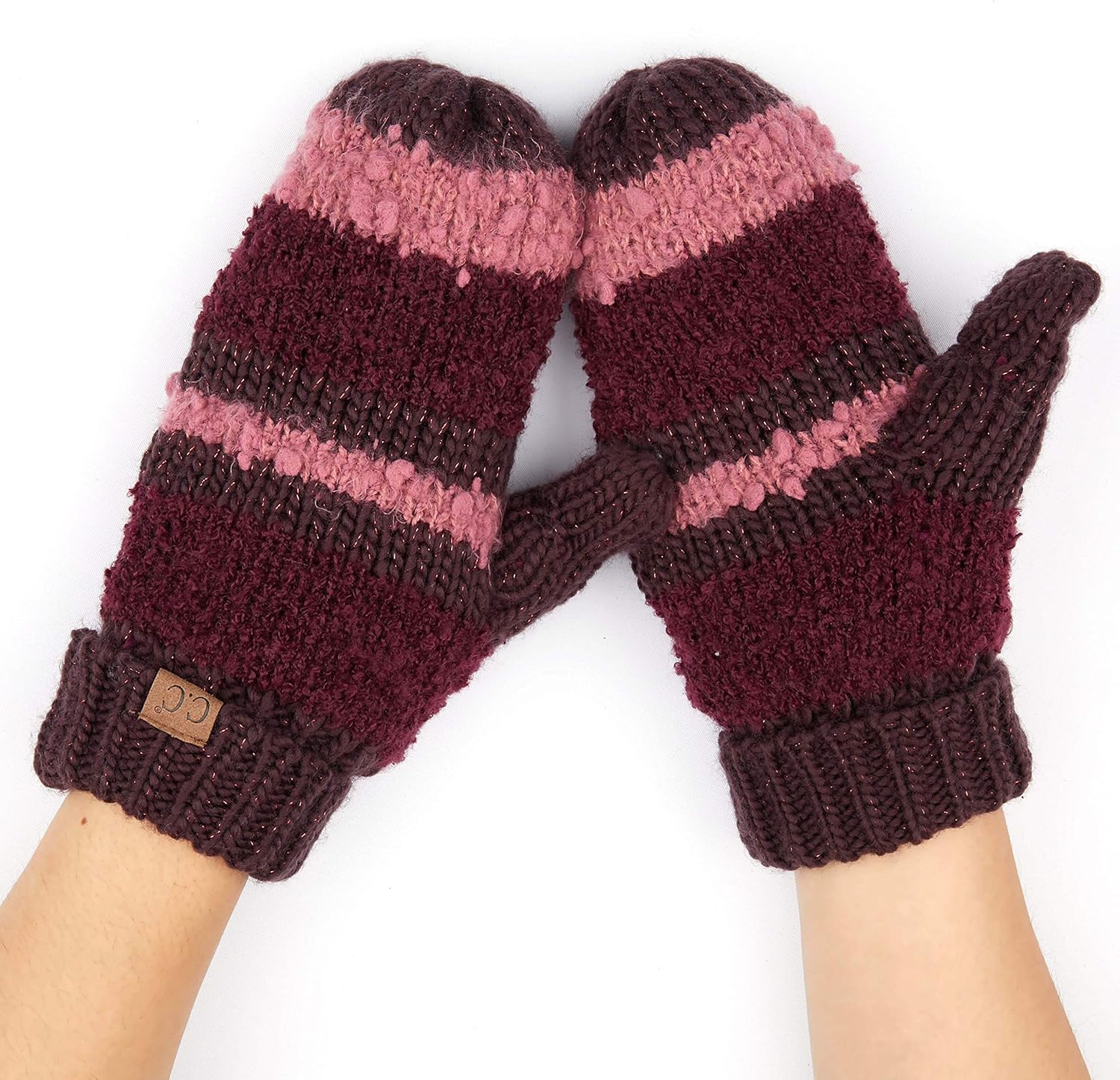 CC Exclusives Women Thick Knit Faux Fur Sherpa Fleece Lined Warm Winter Gloves Mittens (Striped-Burgundy) at  Women’s Clothing store