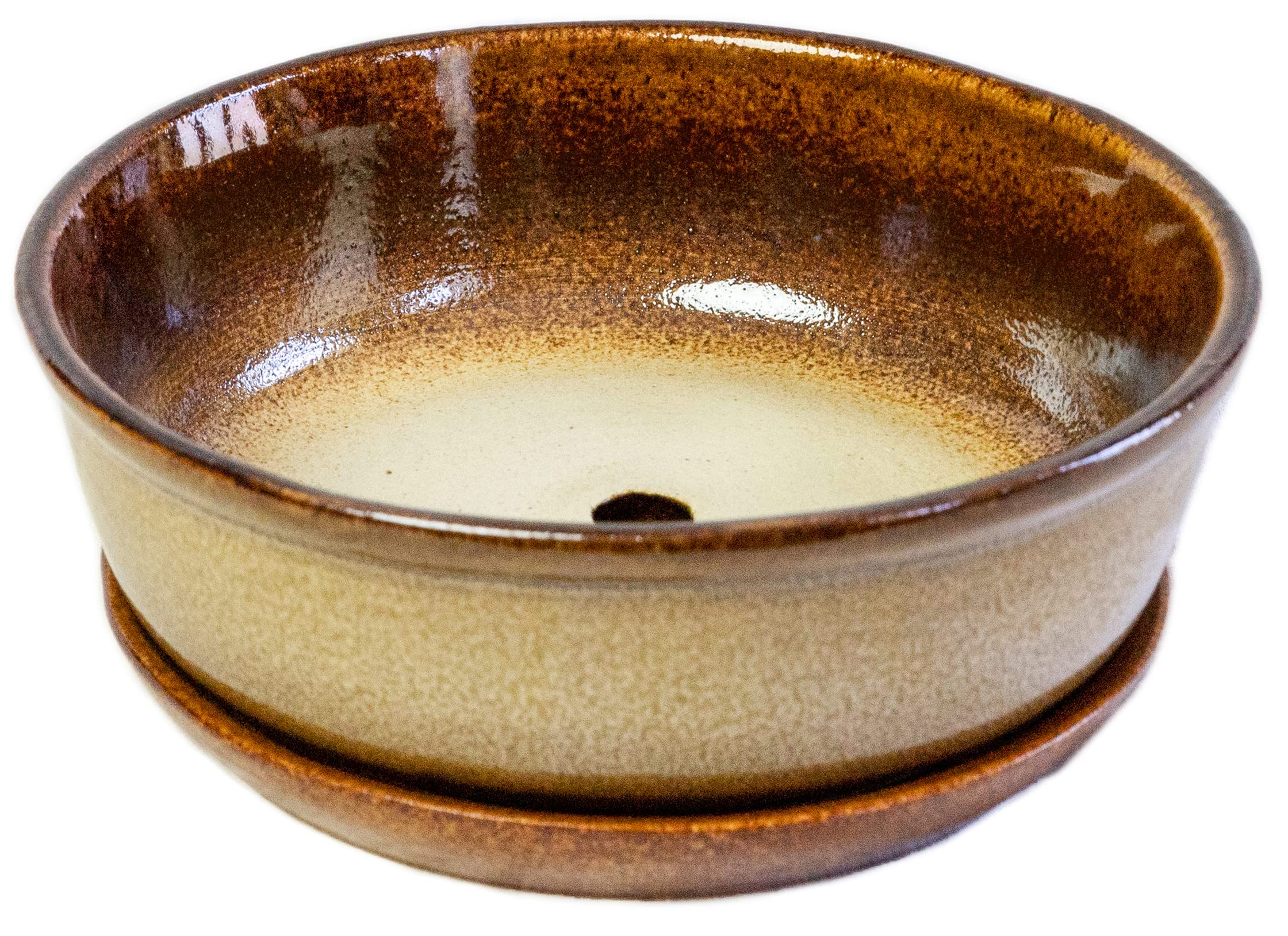 Kerazo Ceramic Bonsai Bowl Round 18 x 6 cm with Bottom Tray Brown Flamed stoneware sturdy Frost Resistant Durable with Hole Base
