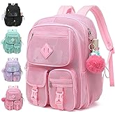 Lroiutian Mesh Backpack for Girls Boys, Heavy Duty Semi-Transparent Mesh Bookbag, Unisex, Pink, Large, Daypack Backpack, 21L, School, Sports, Beach, Travel
