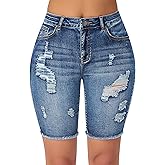 roswear Women's Bermuda Shorts Distressed High Waisted Denim Jean Shorts with Frayed Hem