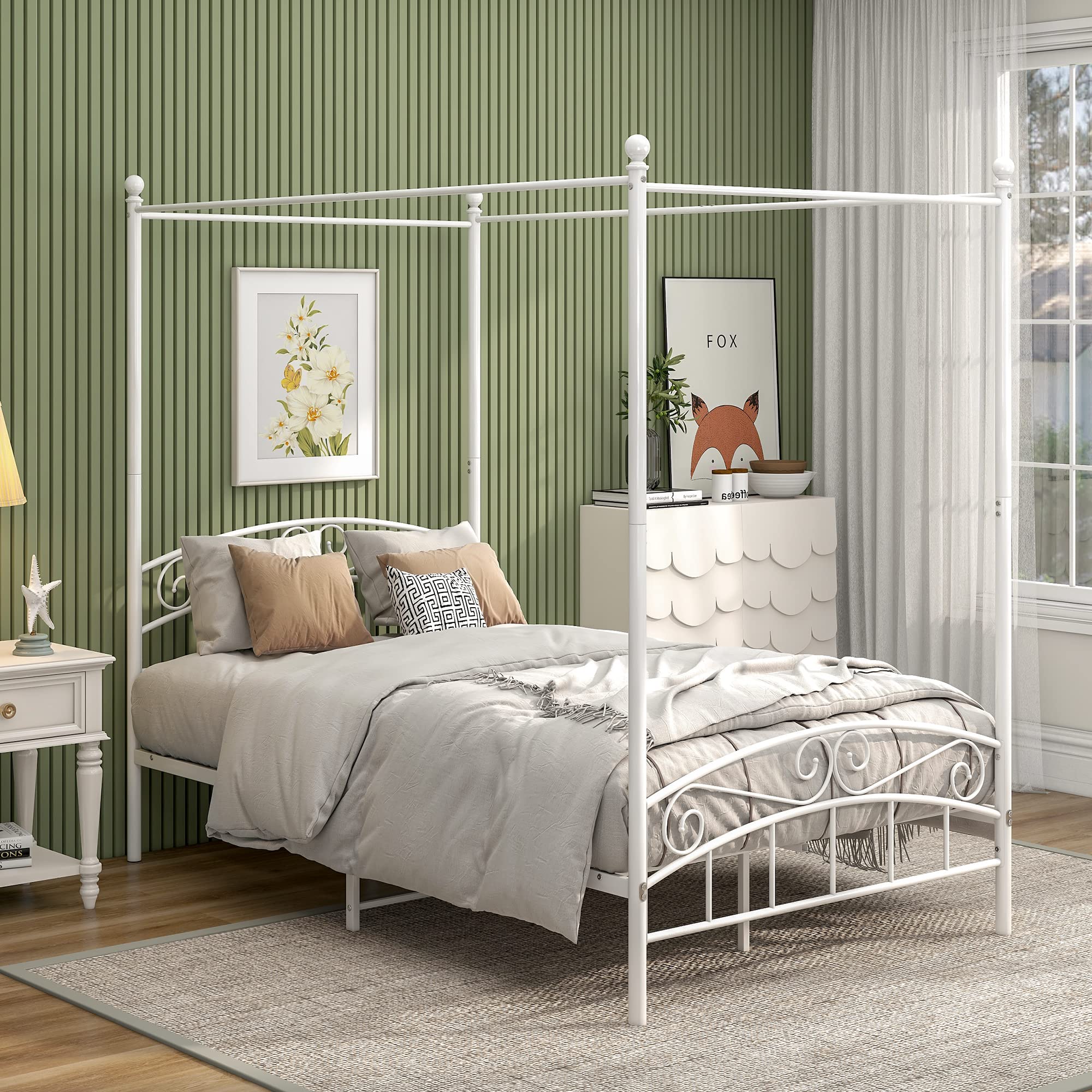 Photo 1 of ***FACTORY SEALED*** JURMERRY Metal Canopy Bed Frame Four-Poster Bed with Headboard & Footboard Mattress Foundation Sturdy Slatted Structure No Box Spring Needed Easy Assembly,Full White
