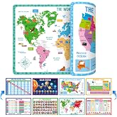 4 Pack Double-Sided Placemats, Washable &amp; Reusable Table Mats -Math, Universe, Periodic Table, US President, Human Body, Map of USA &amp; World Educational Placemats for Home, Kindergarten, Classroom