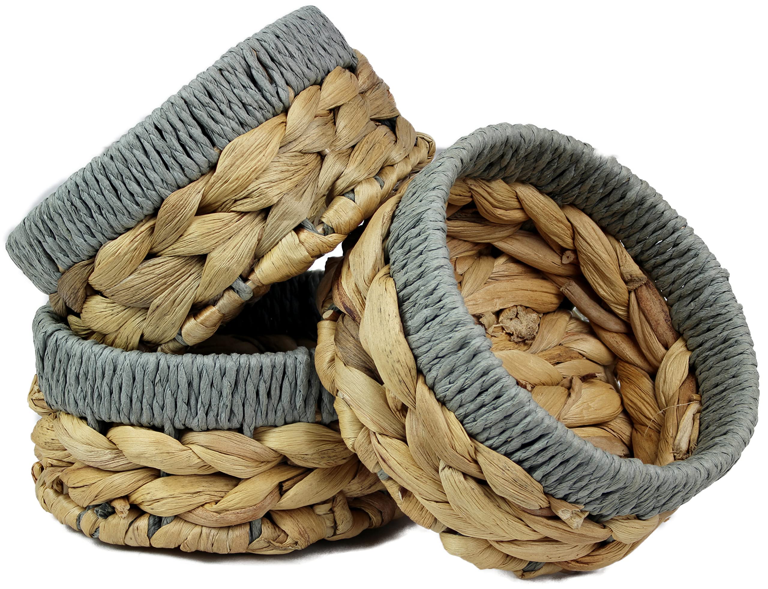 Pop-it-in-a-pelican Small Water Hyacinth round baskets for storage Natural colour with grey edges shelves open. Decorative gift box bathroom mini tray makeup Kitchen organiser(Small 14cm, 3 X Basket) — image 1