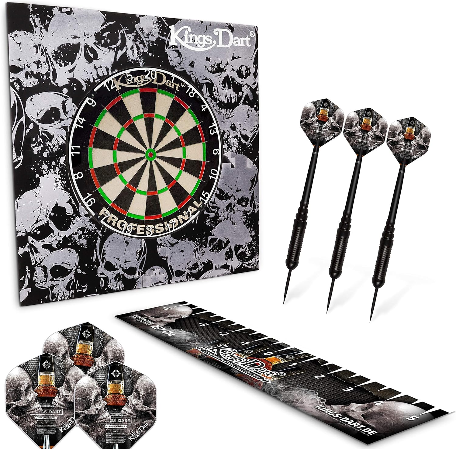 Kings Dart DartSet Skull ’n’ Whisky Dartboard Komplettset Turnier