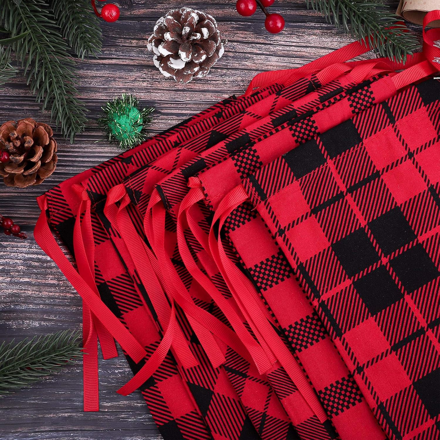 Aneco 12 Pieces Mini Christmas Cotton Buffalo Plaid Red and Black Plaid Drawstring Bag 7.8 by 5.9 Inches Stocking Storage Sack Xmas Bag Candy Sack Party Favors Bags with 20 Christmas Tags - Image 5