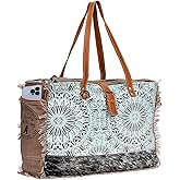 CLA Large Canvas Bag, Multicolor, Cowhide Hair On Leather With Upcycle Canvas Handbag for Women