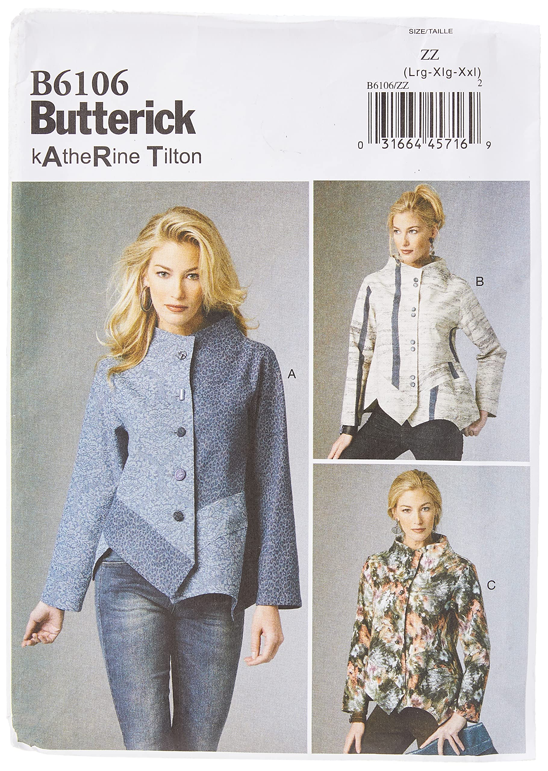 Butterick Patterns 6106 ZZ Sizes Large 16 - 18/ Extra-Large 20 - 22/ Extra-Large 24 - 26 Misses Jacket