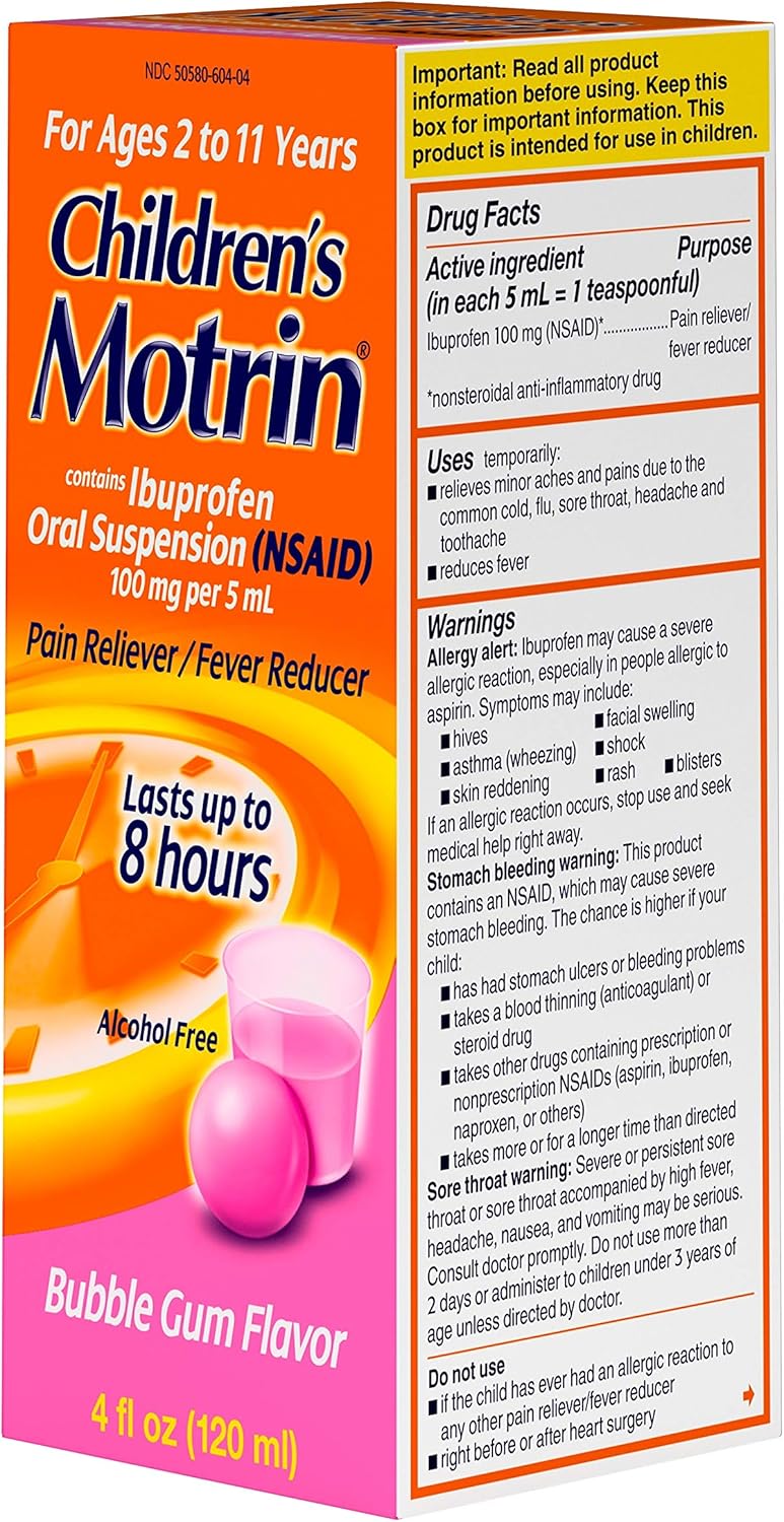Children's Motrin Oral Suspension, Pain Relief, Ibuprofen, Bubble Gum Flavored, 4 Oz: Health & Personal Care