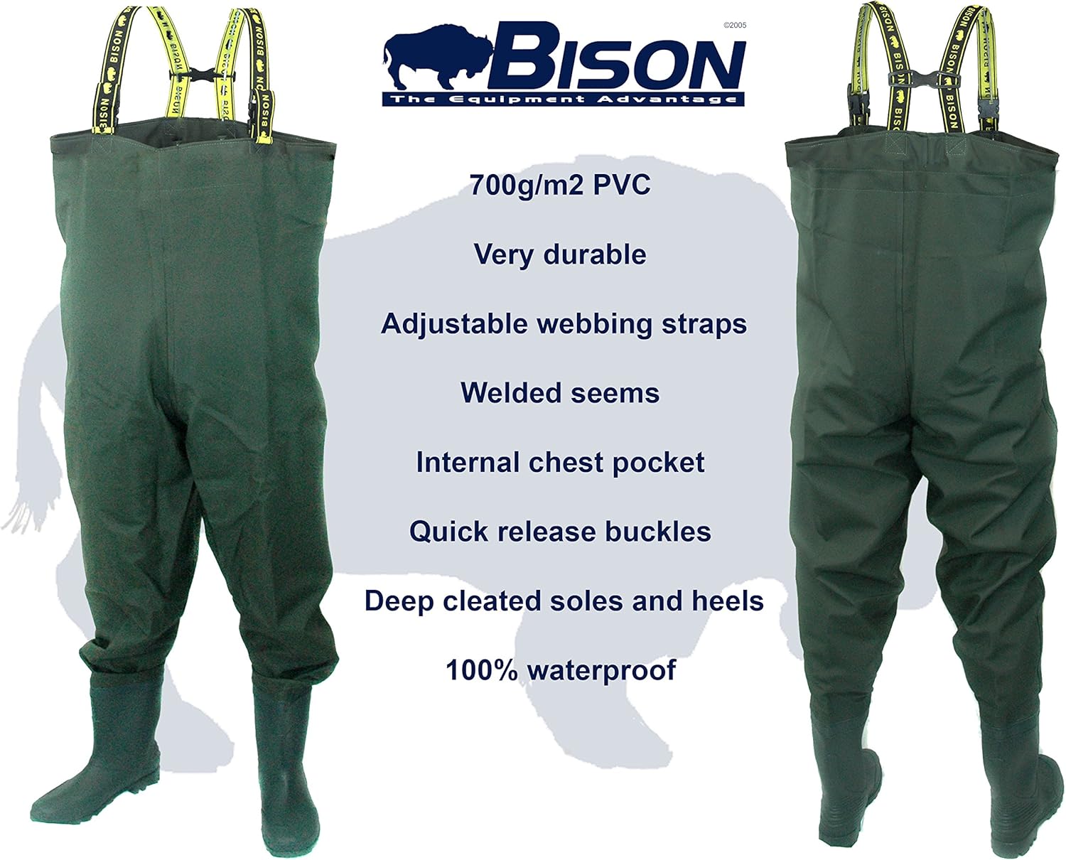 Bison Heavy Duty 700g PVC/Nylon Fishing Chest Waders with Free Wading