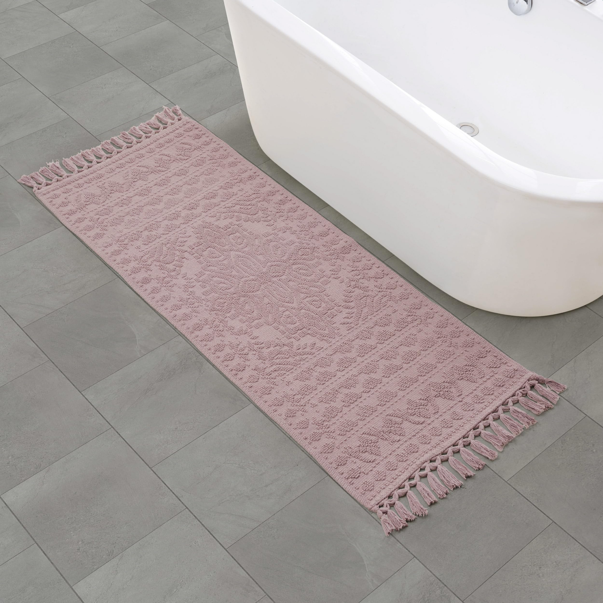 French Connection Nellore Bathroom Rugs, Woven and Beaded Mats, Durable Bath Rugs, Thick Bath Mats for Bathroom and Shower Rugs, 24" x 64", Dusty Pink Image