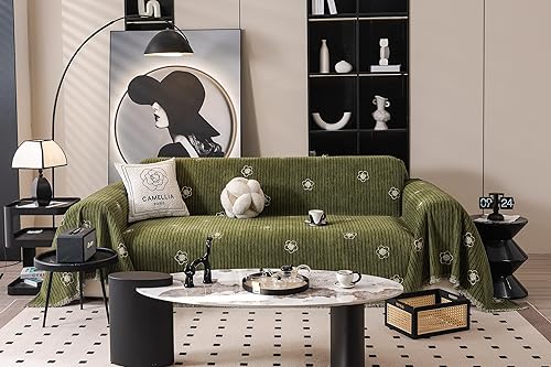ROOMLIFE Green Sofa Cover,Couch Cover for Dogs Washable, Soft Chenille 3 Cushion Couch Covers for Sofa, Furniture Sofa Protector Loveseat Sectional Couch Throw Blankets with Tassels 71 '' X 134''