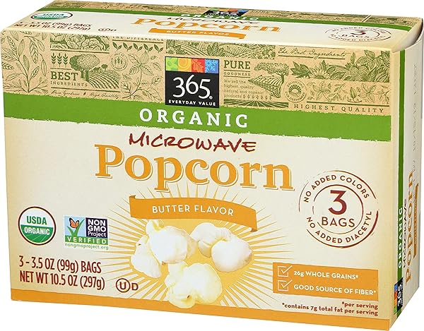 365 EVERYDAY VALUE, ORGANIC MICROWAVE POPCORN, BUTTER FLAVOR, 3.5 OZ, 3 PK