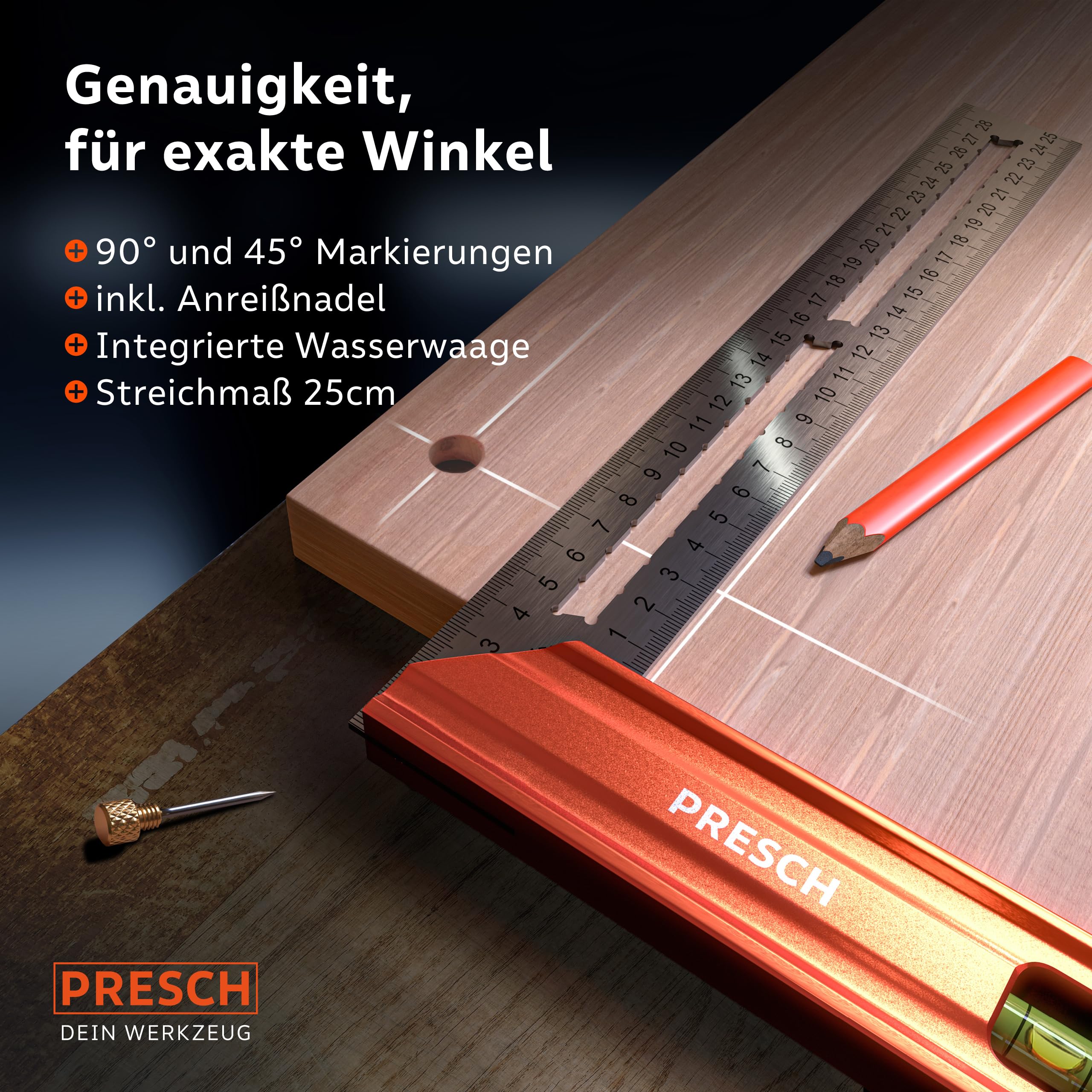 Presch Anschlagwinkel 250mm - Hochpräzise & Rostfrei - Innovatives Streichmaß 25cm - Exakter Schreinerwinkel inkl. Wasserwaage & Anreißnadel für ultimative Vielseitigkeit - Perfekte 90° & 45° 2