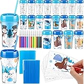 Acellegic 16 Pack Winter Color Your Own Cups 8 oz Winter Christmas Coloring Cup with Lid and Straw Mug Kit Paintable Tumblers with 12 Colorful Pens 16 Detachable Paper Inserts for Xmas Party Supplies