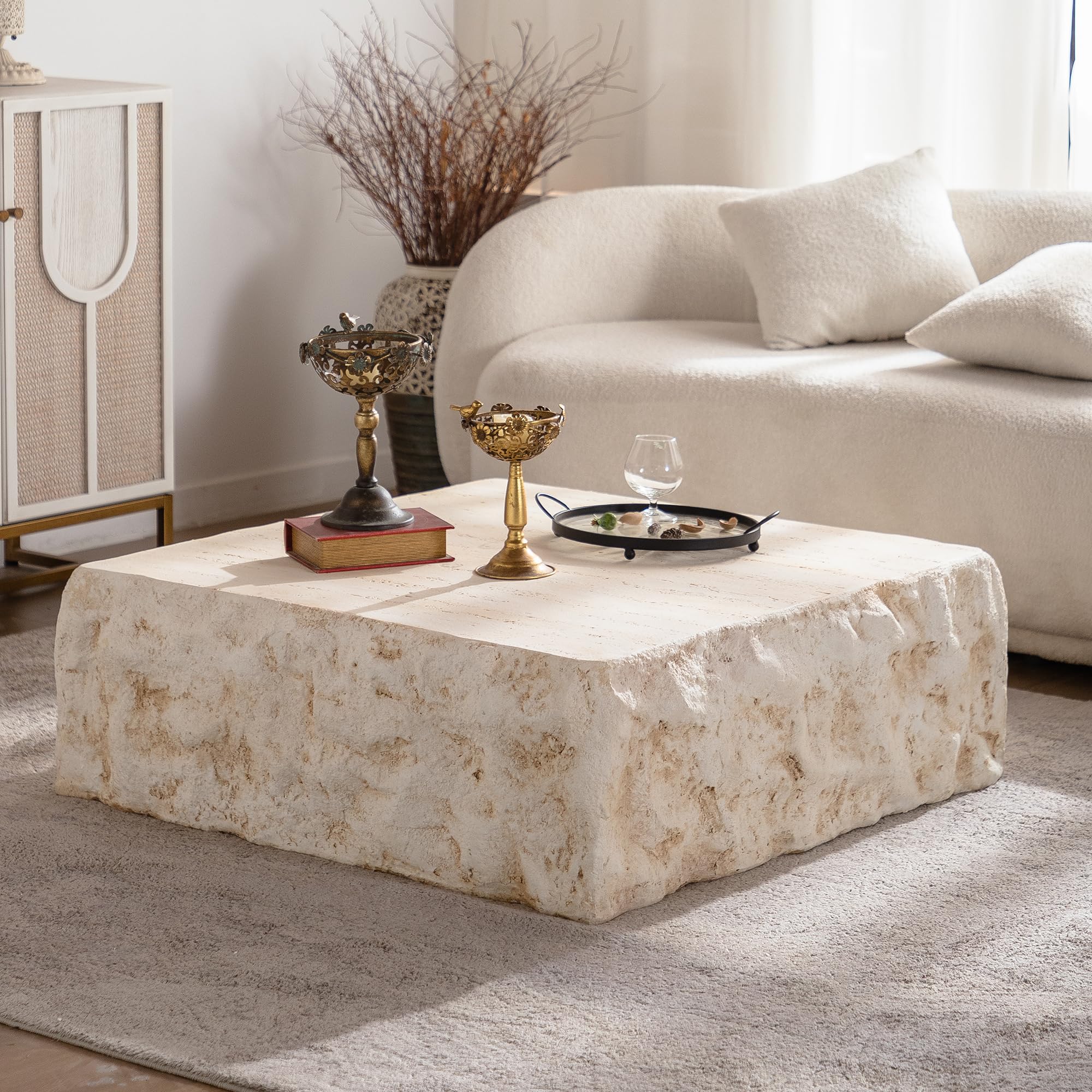 Photo 1 of (View images for parts) GDFStudio Modern Lightweight Concrete Coffee Table, Indoor Outdoor Square Accent Table, Mid Century MGO Side Tables, Faux Stone Sofa Tables for Living Room Office Apartment, No Assembly, Amber+Beige