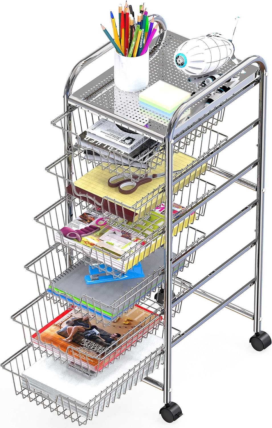 6-Drawer Wire Grid Rolling Utility Storage Organizer Cart, Chrome : Office Products