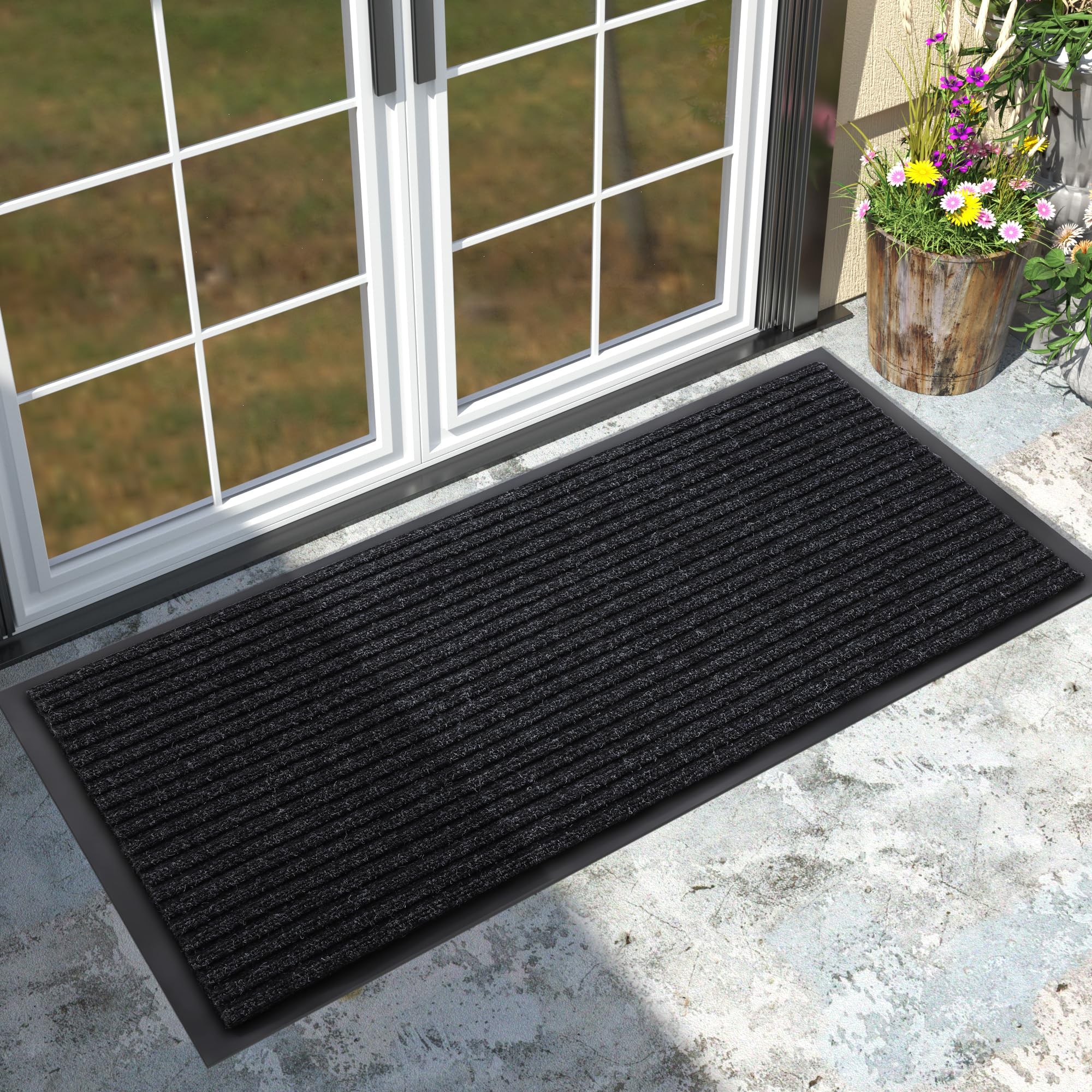 Yimobra Front Door Mat Outdoor Indoor Entrance, 100% Waterproof All-Season All Weather Doormat, Welcome Matt Outside Entry, Non Slip, Low Profile, Heavy Duty Patio Porch Floor Mats,47 x 24,Black Grey Image
