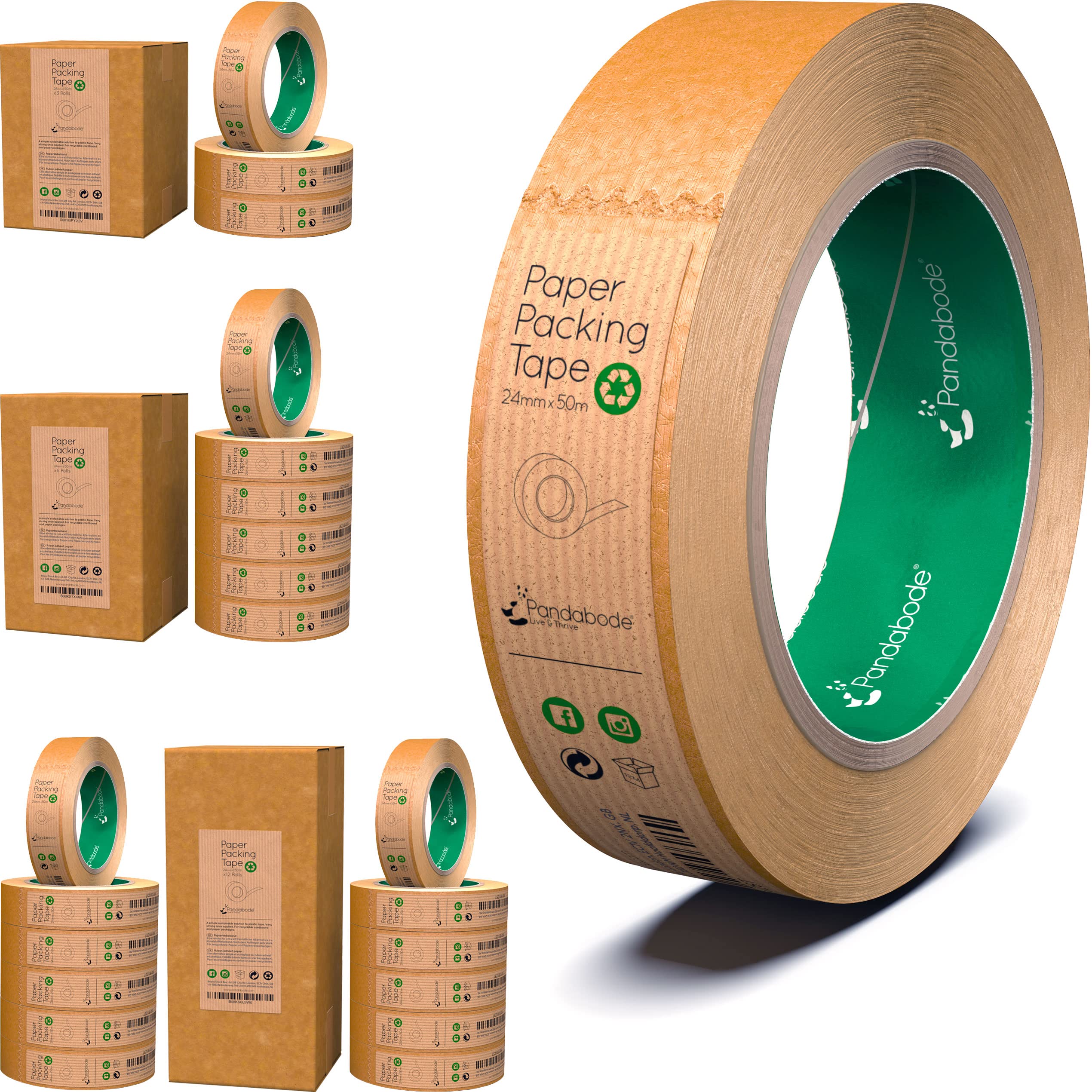 Pandabode Paper Packing Tape 24mm x 50m Strong, Sticky, Recyclable Brown Kraft Paper | 1/3/6/12 Eco Essentials for Parcel Packaging, Moving and Multi-use | 50 Metre Rolls (1)