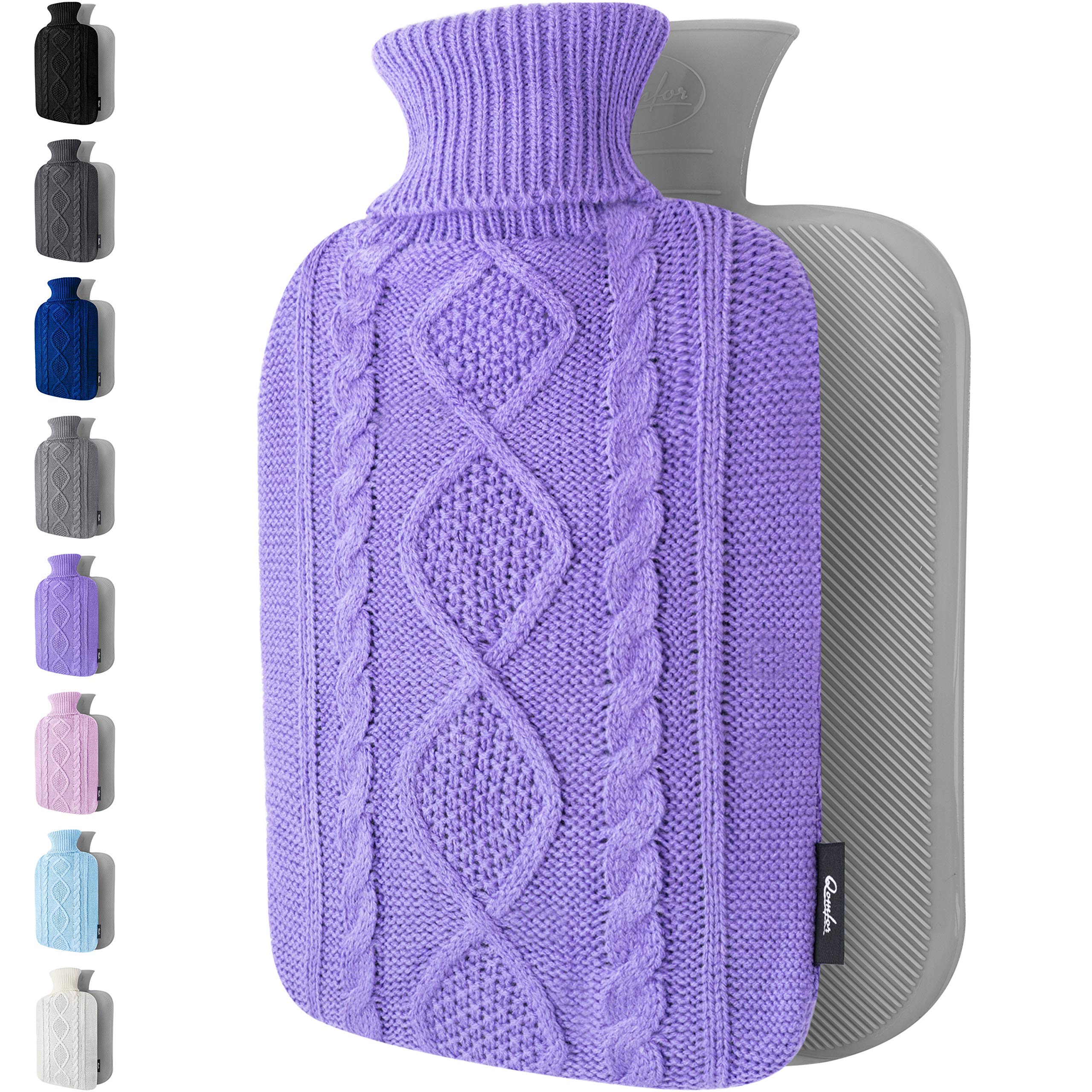 Hot Water Bottle - with Soft Premium Knitted Cover - Purple, 2L - Heating Pad for Menstrual Cramps and Period Comfort - Bed Foot Warmer - Hot & Cold Compress for Back, Stomach, Neck Pain Relief