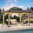 10'x12' Wood Gazebo,Outdoor Cedar Wood Hardtop Gazebo with Galvanized Steel Double Roof, Wooden Frame Gazebos for Patio Backyard Deck