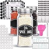 Spice Jars 24 Glass Bottle Containers (4 oz) with Shaker Insert Tops, 360 Chalkboard Labels, Marker, Stainless Steel Lids & W