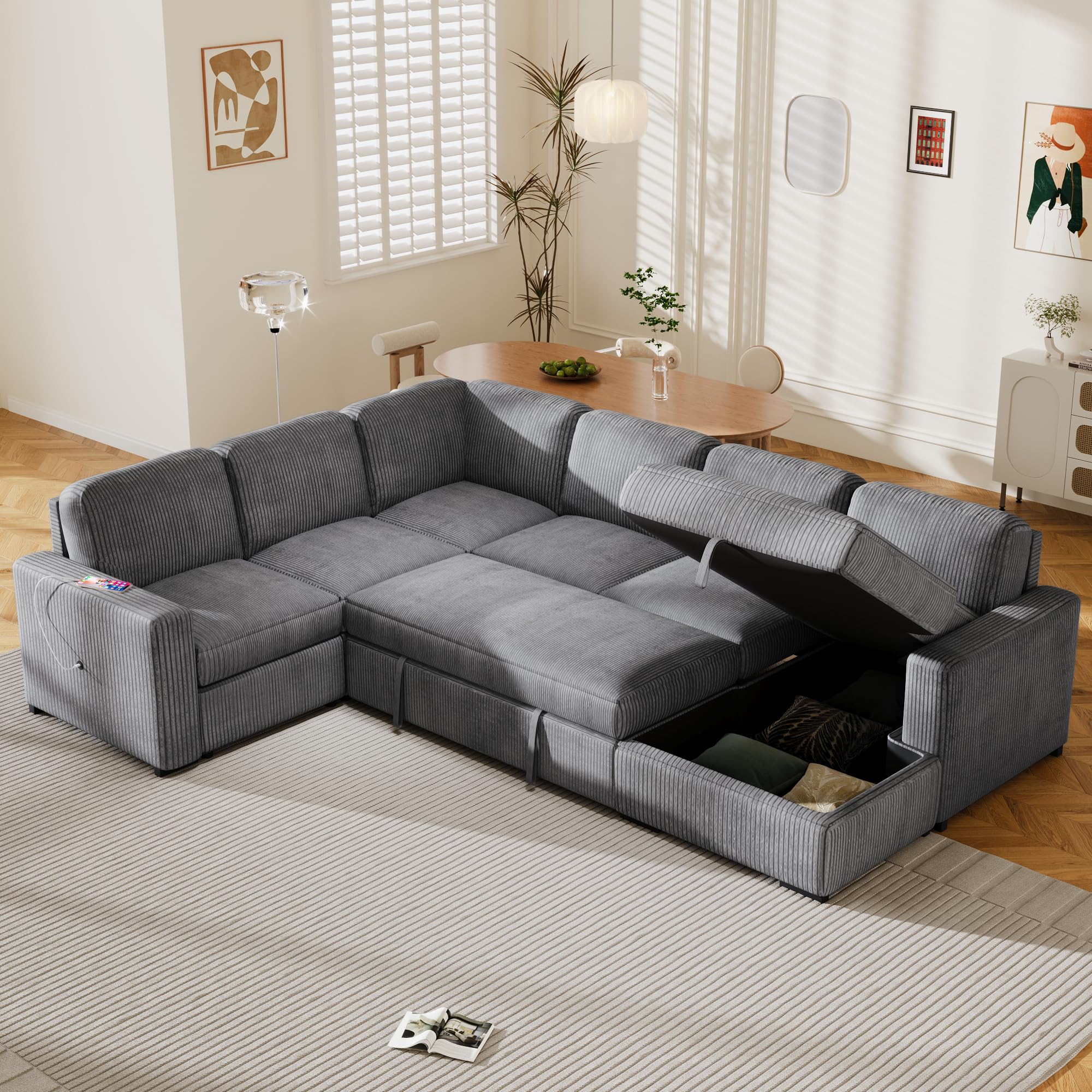 Photo 1 of *Partial Set* Oversized U-Shaped Pull Out Sleeper Sofabed W/Storage Chaise, Modern Corduroy Upholstered Sleeper Convertible Sectional Sofa with Pull-out Sleep Couch Bed and USB Ports for Living Room Furniture Sets