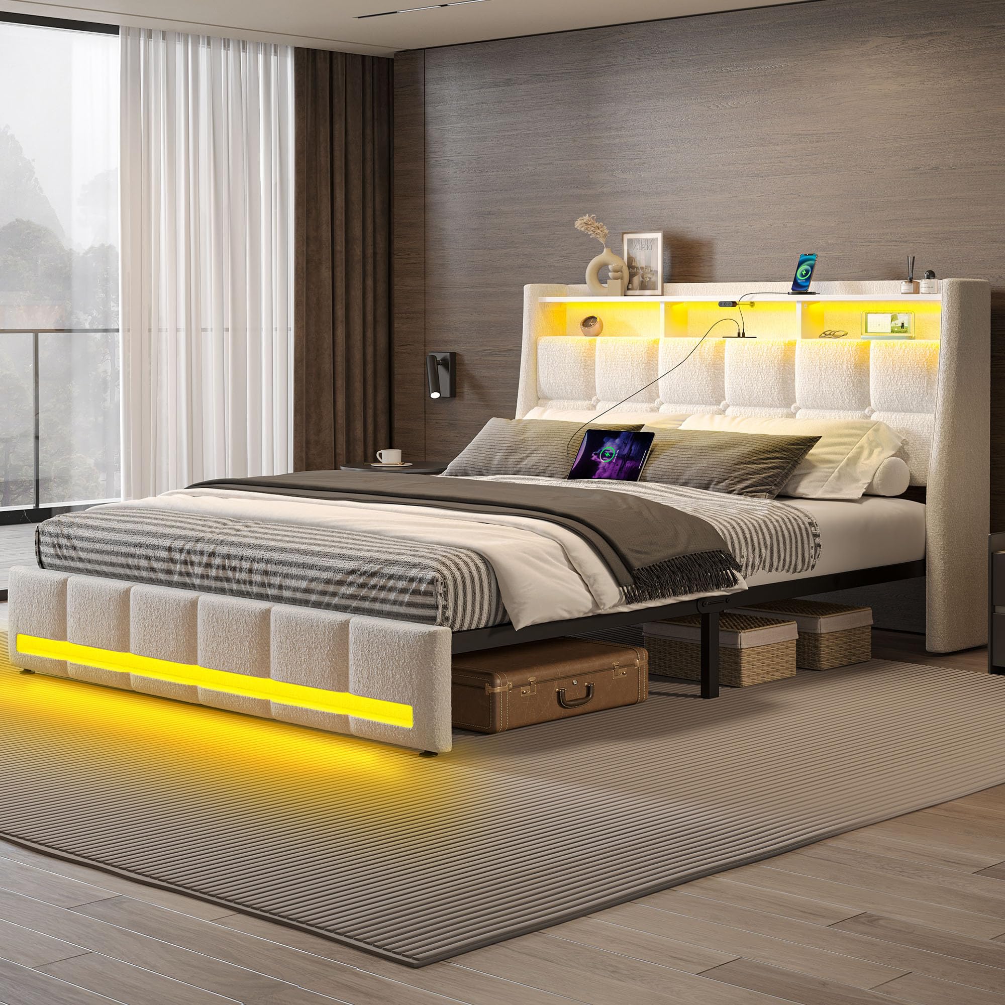 Rolanstar Queen Size Bed Frame with LED Lights and Charging Station, Upholstered Headboard with 2-Tier Storage Shelves, Heavy Duty Metal Frame, Noise-Free Support, Easy Assembly, No Box Spring Needed Image