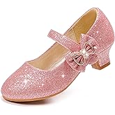 Dufannie Girls Dress Shoes Low Heel Princess Flats Mary Jane Flower Wedding Party Glitter Shoes for Kids Toddler