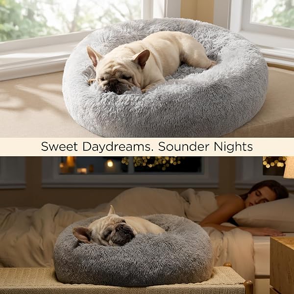 BEDSURE CALMING DOG BED FOR LARGE DOGS – DONUT WASHABLE LARGE PET BED, 36 INCHES ANTI-SLIP ROUND FLUFFY PLUSH FAUX FUR DOG BED, FITS UP TO 80 LBS PETS, PALE GREY
