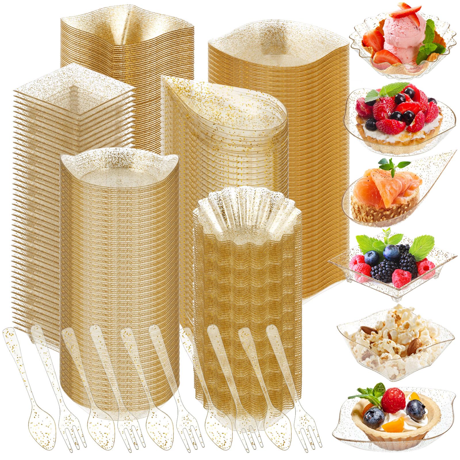Photo 1 of Tessco 1200 Pcs Mini Appetizer Plates Set Including 600 Pcs 6 Shapes Disposable Mini Dessert Cups 300 Spoons 300 Forks for Party Wedding Pudding Ice Cream(Gold)