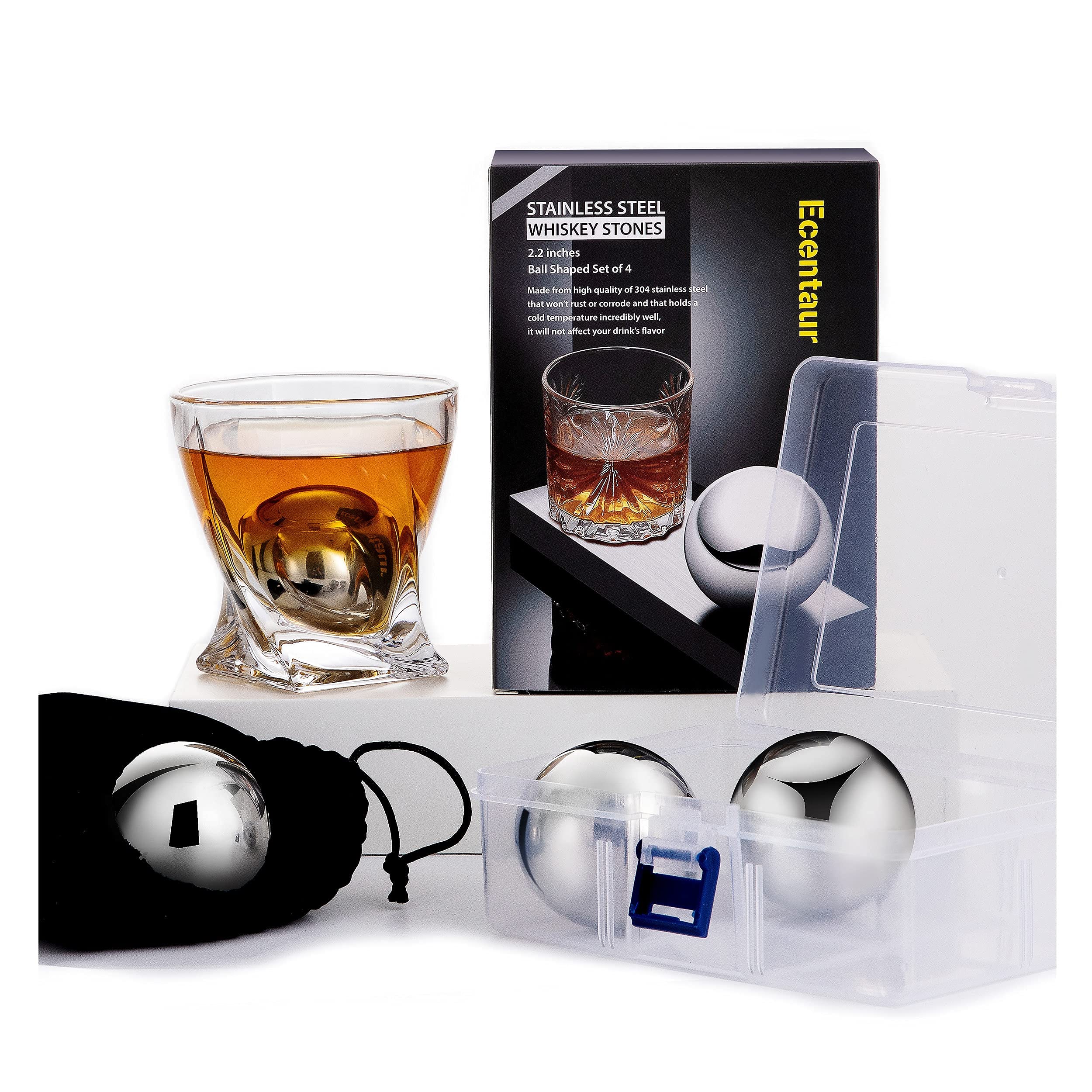 Ecentaur Large Whiskey Stones Stainless Steel Metal Ice Cube Reusable Balls 2.2" Gift Set for Men Chilling Drinks Set of 4