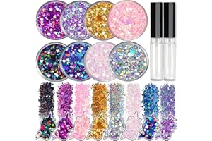 GA&EN 8 Jars of Cosmetic Chunky Glitter Shimmer Body Face Hair Eye Musical Festival Carnival Dance Halloween Party Beauty Makeup Temporary Tattoos Multicolored (80g/2.82oz) + Quick Dry Glitter Glue(10ml)