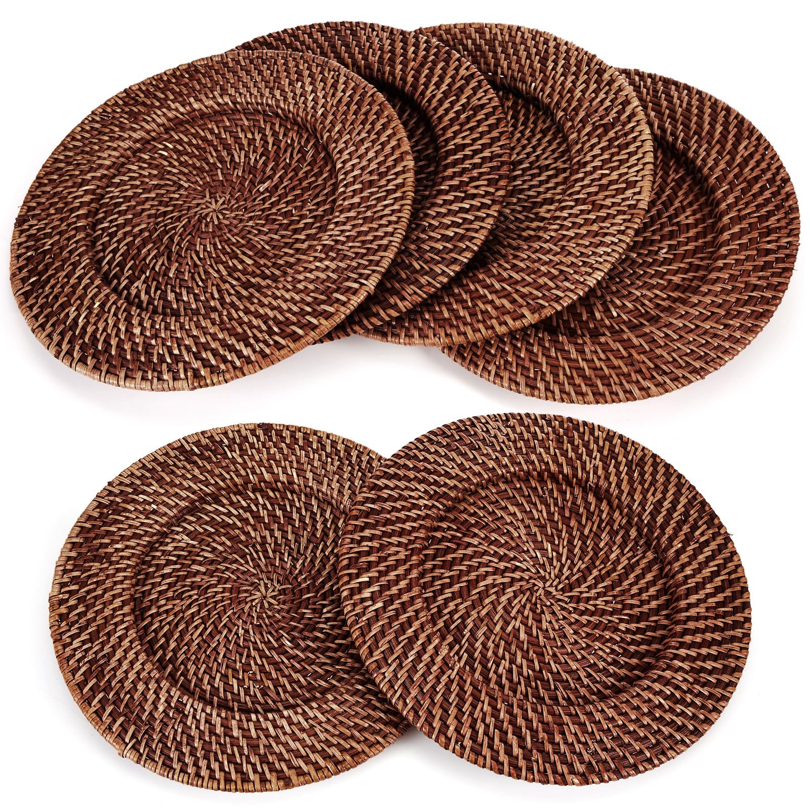 Photo 1 of Gandeer 6 Pack Rattan Charger Plates 13 Inch Rattan Chargers for Dinner Plates Table Chargers for Dinner Plate Woven Rustic Decorative Plate for Wedding Decor, Boho (Dark Brown,Classic)