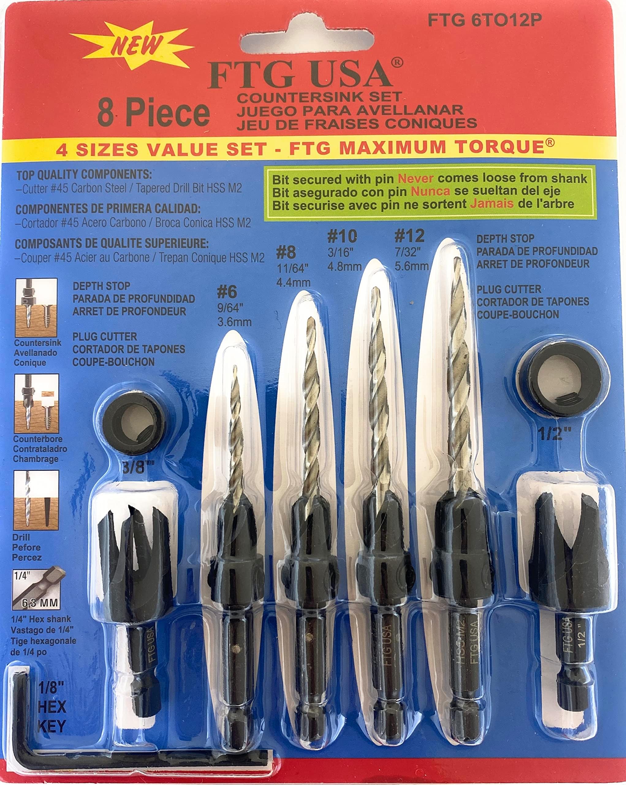 FTG USA Wood Countersink Drill Bit Set 681012 Countersink Tapered