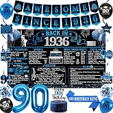 Trgowaul 90th Birthday Decorations for Men, Blue Back in 1936 Poster | Black Blue Back in 1936 Birthday Party Supplies, Blue Vintage Banner, Sash, 90th Cake Topper, Latex Balloon, 90 Year Old Set