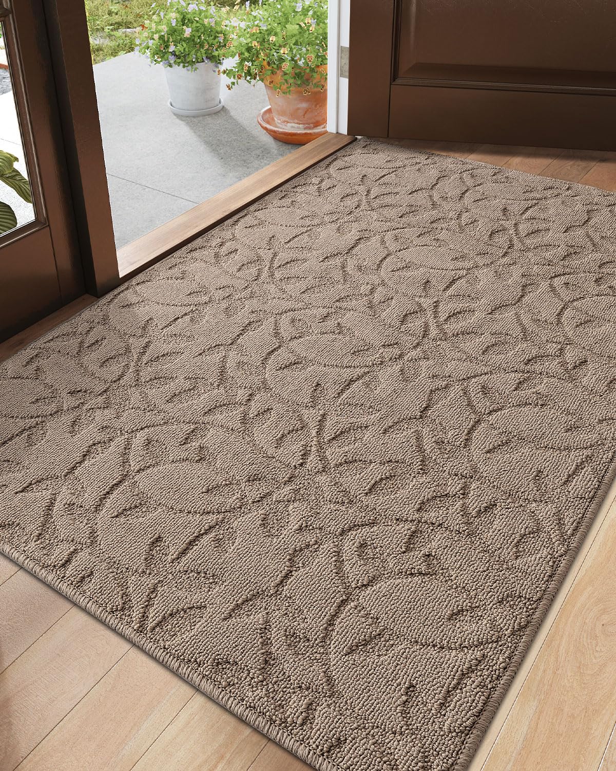 Photo 1 of ***DAMAGE -UNRAVELED EDGING-SELLING AS IS *** DEXI Front Door Mat Inside Entrance 36x60, Non Slip Dirt Trapper Doormat, Low Profile Thin Entry Mat, Absorbent Easy Clean Welcome Mats for Entryway, Patio, Branch Leaf Beige
