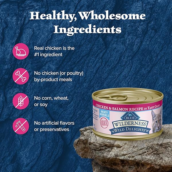 BLUE BUFFALO WILDERNESS WILD DELIGHTS MEATY MORSELS NATURAL WET CAT FOOD, CHICKEN & SALMON IN TASTY GRAVY, 3-OZ. CANS, 24-PACK