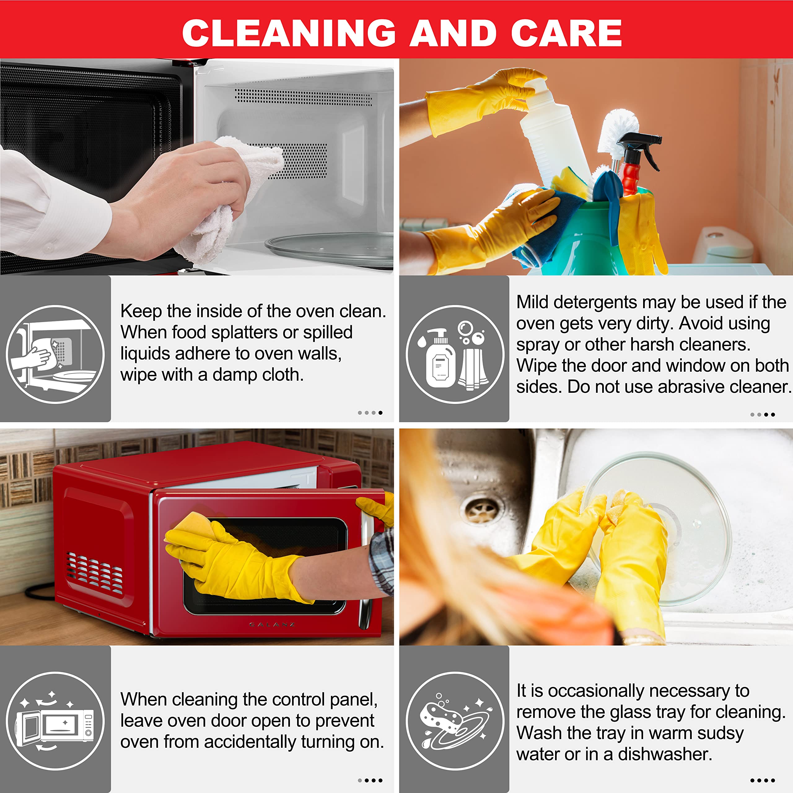 Galanz GLCMKZ09RDR09 Retro Countertop Microwave Oven with Auto Cook & Reheat, Defrost, Quick Start Functions, Easy Clean with Glass Turntable, Pull Handle, 0.9 cu ft, Red