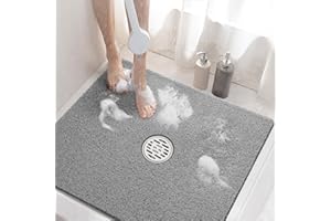 HITSLAM Square Shower Mat, 24 x 24 Inch Non Slip Bath Mat for Tub, Soft PVC Loofah Bathtub Mats with Drain Holes, Quick Drying Bathroom Stall Floor Mat, Bathroom Accessories Without Suction Cup, Grey