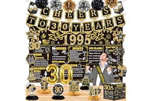 JUESLY 30th Birthday Decorations for Men Women,24PCS 1995 Banner Decorations,Including Banner,6 Honeycomb Topper,30 Balloons,Cheers to 30 Years Banner,7 Hanging Swirl,6 Paper Poms,Anniversary Card,Sash