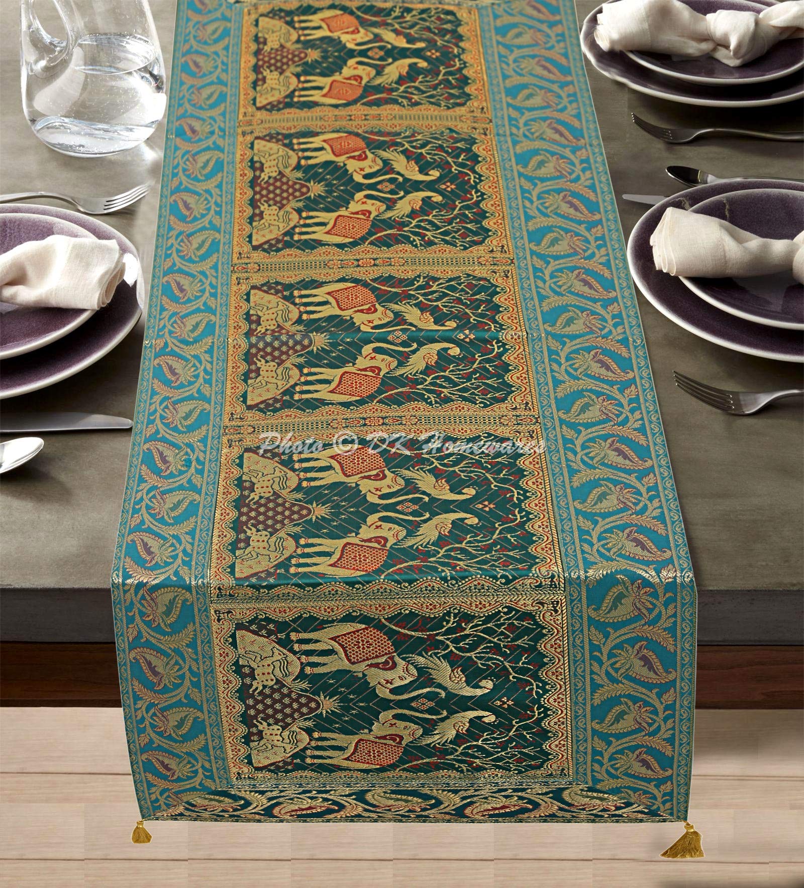 DK Homewares Ethnic Decorative Brocade Satin Table Runner 150 cm Long Bohemian Jacquard With Tassels Green And Gold For Coffee Table Elephant Peacock Rectangle 5 Ft Table Cloth (40x150 cm)