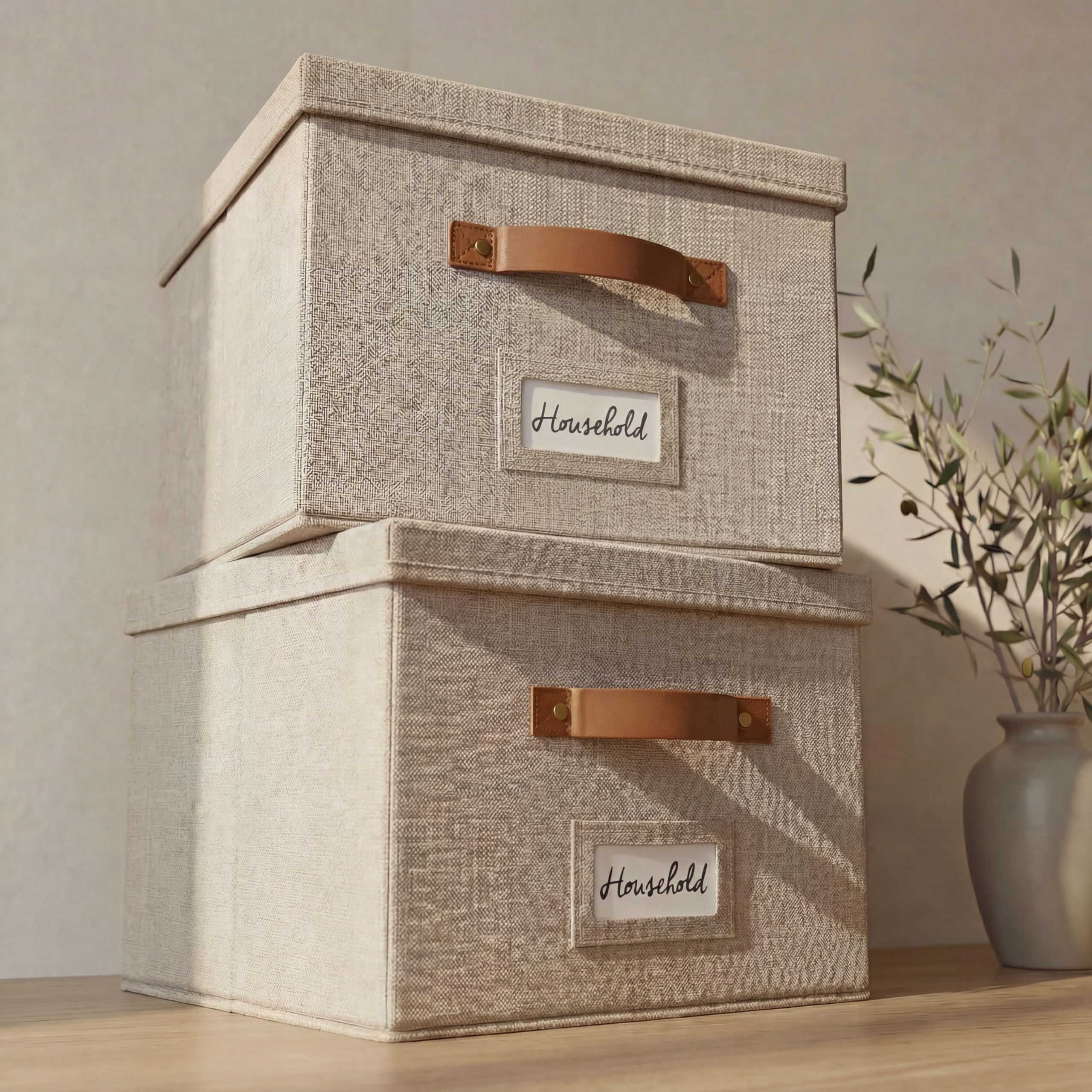 ZICOTO Decorative Beige File Box Organizer Set - Collapsible Linen File Cabinet for Easy Document Storage