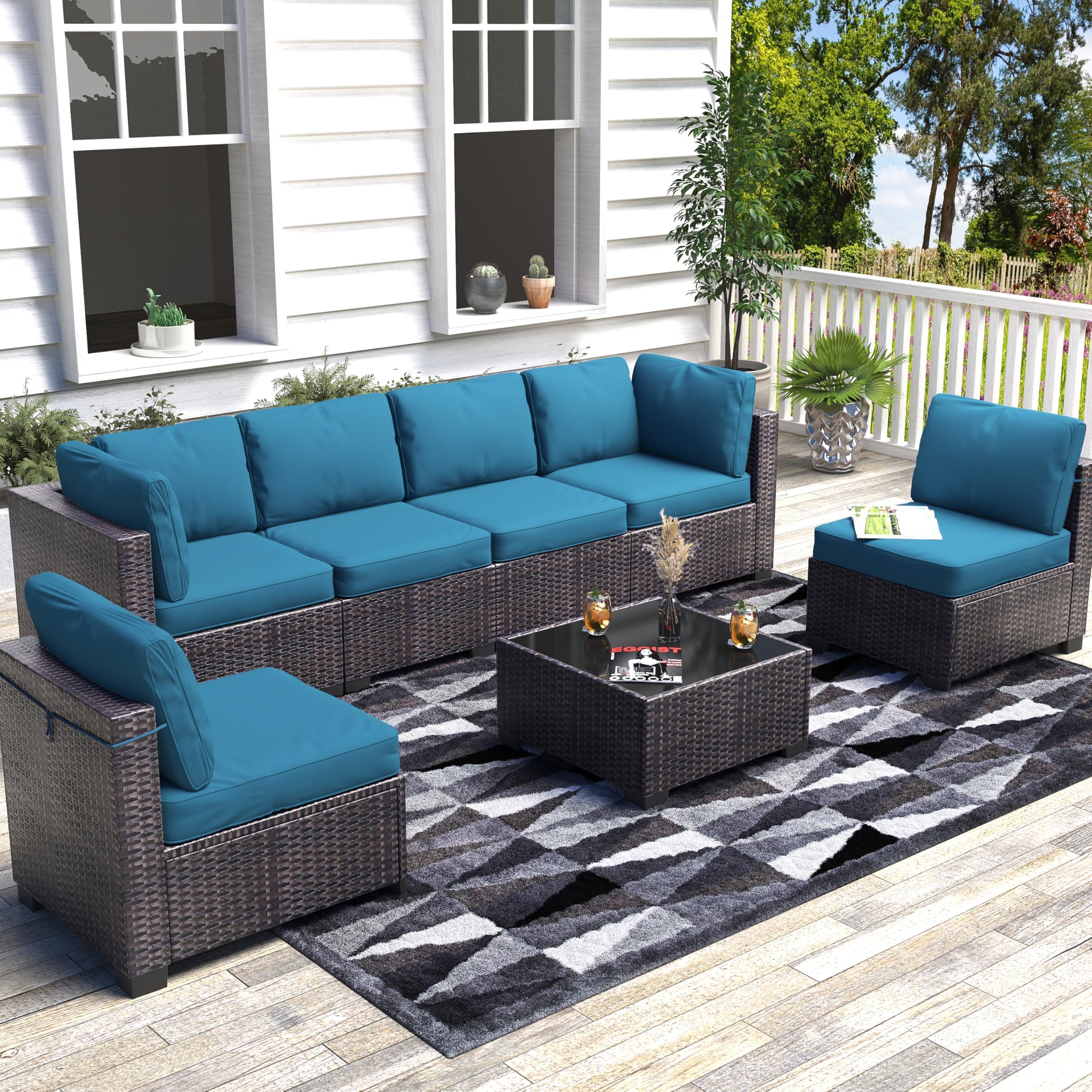Photo 1 of (INCOMPLETE SET)  (ONLY 1 PC OF COUCH) KOKEBREN Patio Furniture Set, 7-Piece Outdoor Couches for Patio, Wicker Sectional Sofa with Coffee Table and Cushions for Outside, Garden, Balcony, Porch, Dark Brown & Peacock Blue 