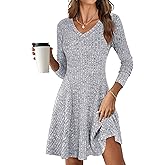 ANRABESS Women Long Sleeve Ribbed Knit Short Dresses 2026 Spring V Neck Casual Swing A Line Sweater Dress